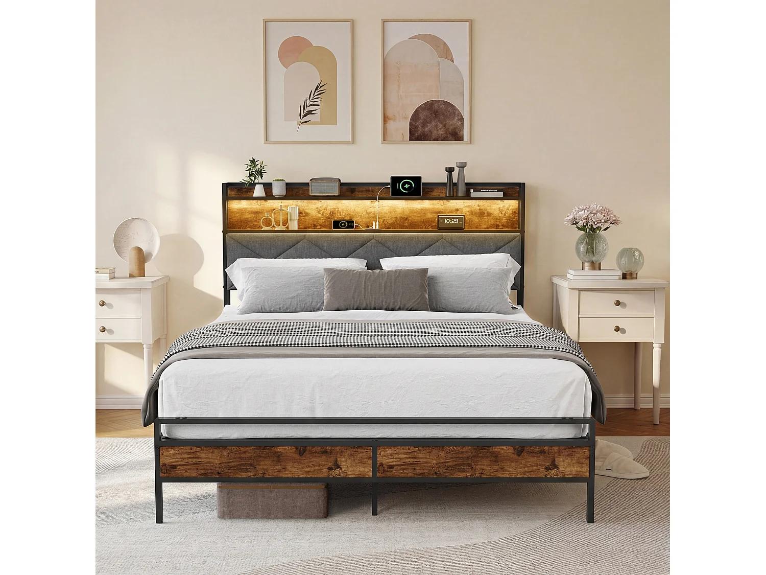 Lit 140x200cm avec éclairage LED et ports USB - tête de lit avec rangement - cadre de lit en métal - lin