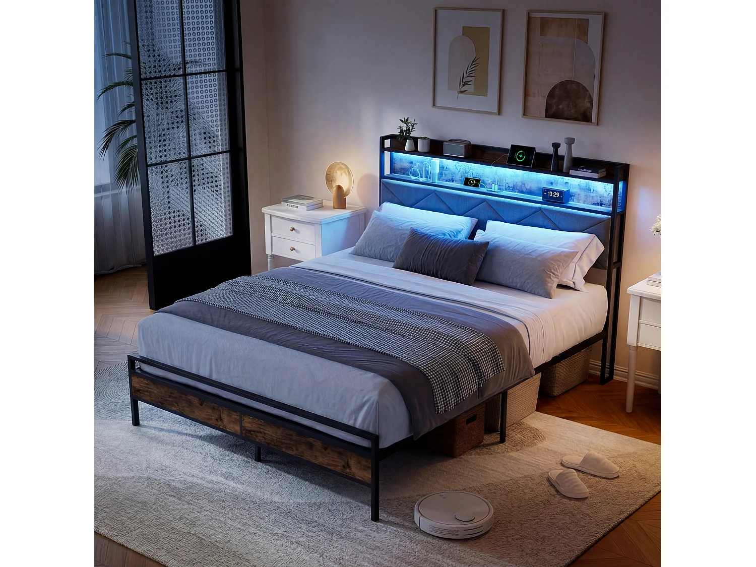 Lit 140x200cm avec éclairage LED et ports USB - tête de lit avec rangement - cadre de lit en métal - lin