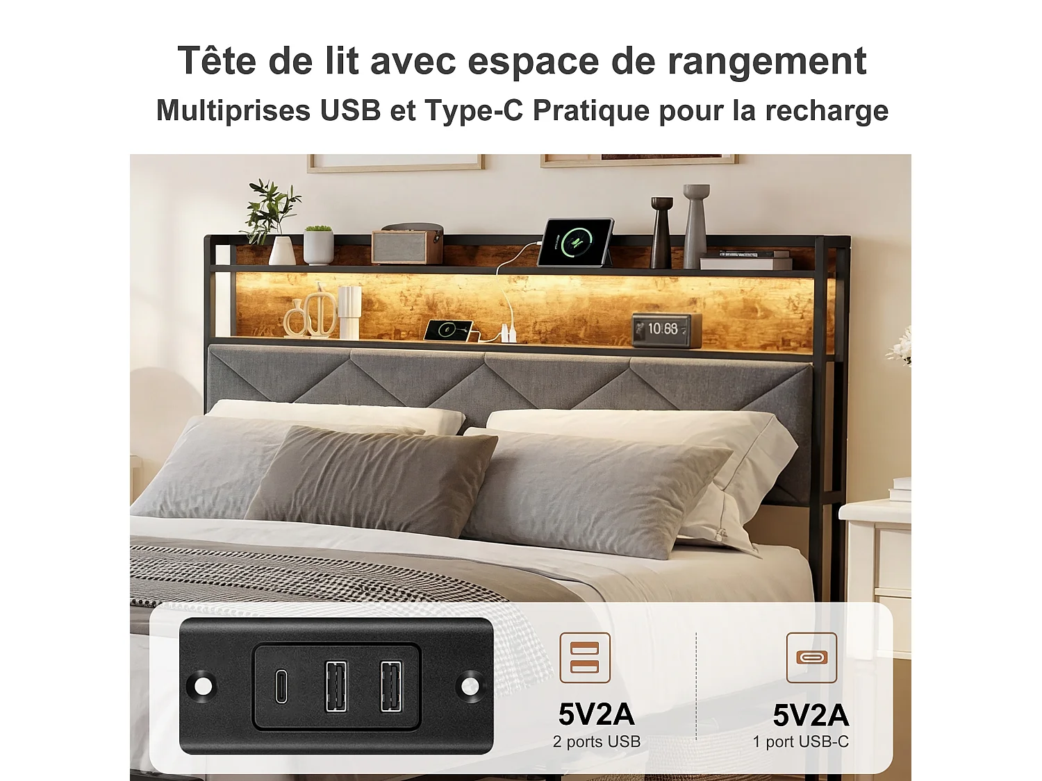 Lit 140x200cm avec éclairage LED et ports USB - tête de lit avec rangement - cadre de lit en métal - lin