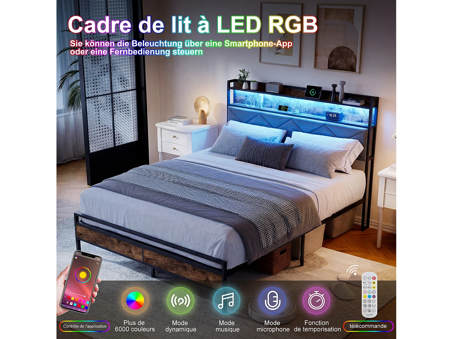 Lit 140x200cm avec éclairage LED et ports USB - tête de lit avec rangement - cadre de lit en métal - lin
