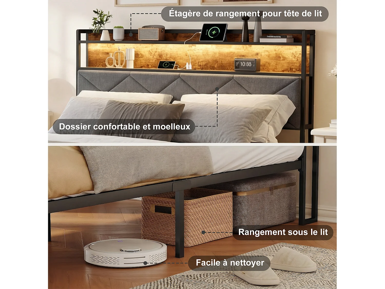 Lit 140x200cm avec éclairage LED et ports USB - tête de lit avec rangement - cadre de lit en métal - lin