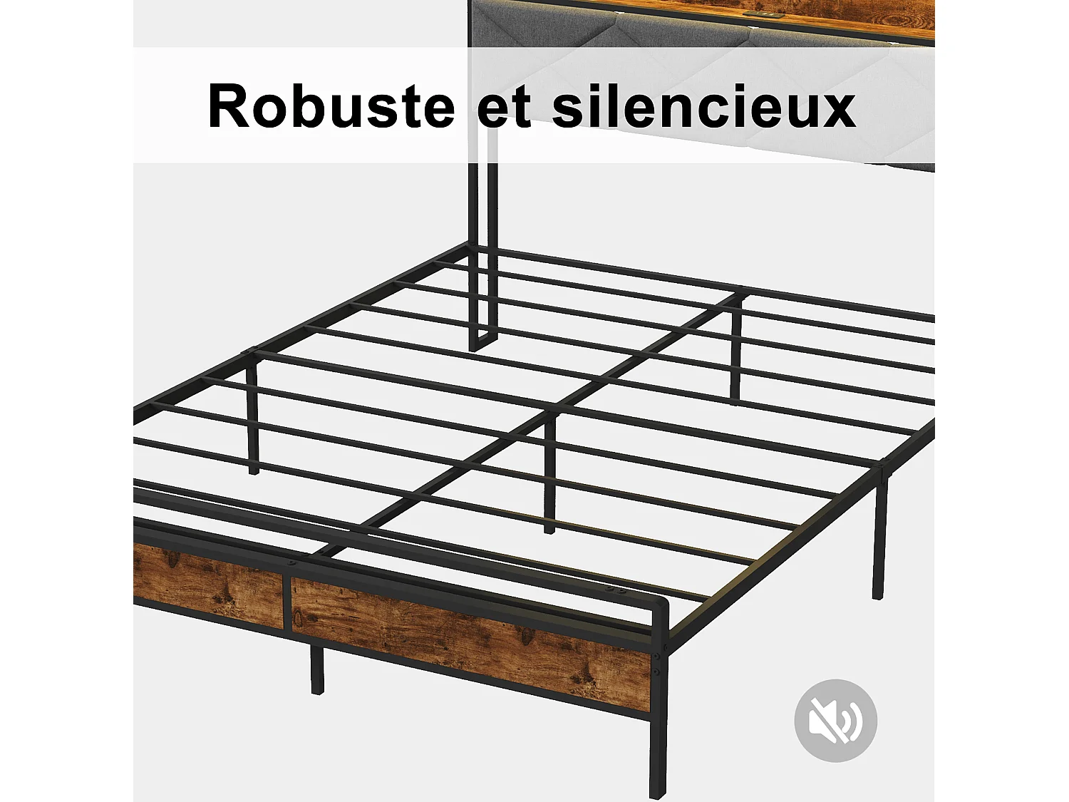 Lit 140x200cm avec éclairage LED et ports USB - tête de lit avec rangement - cadre de lit en métal - lin