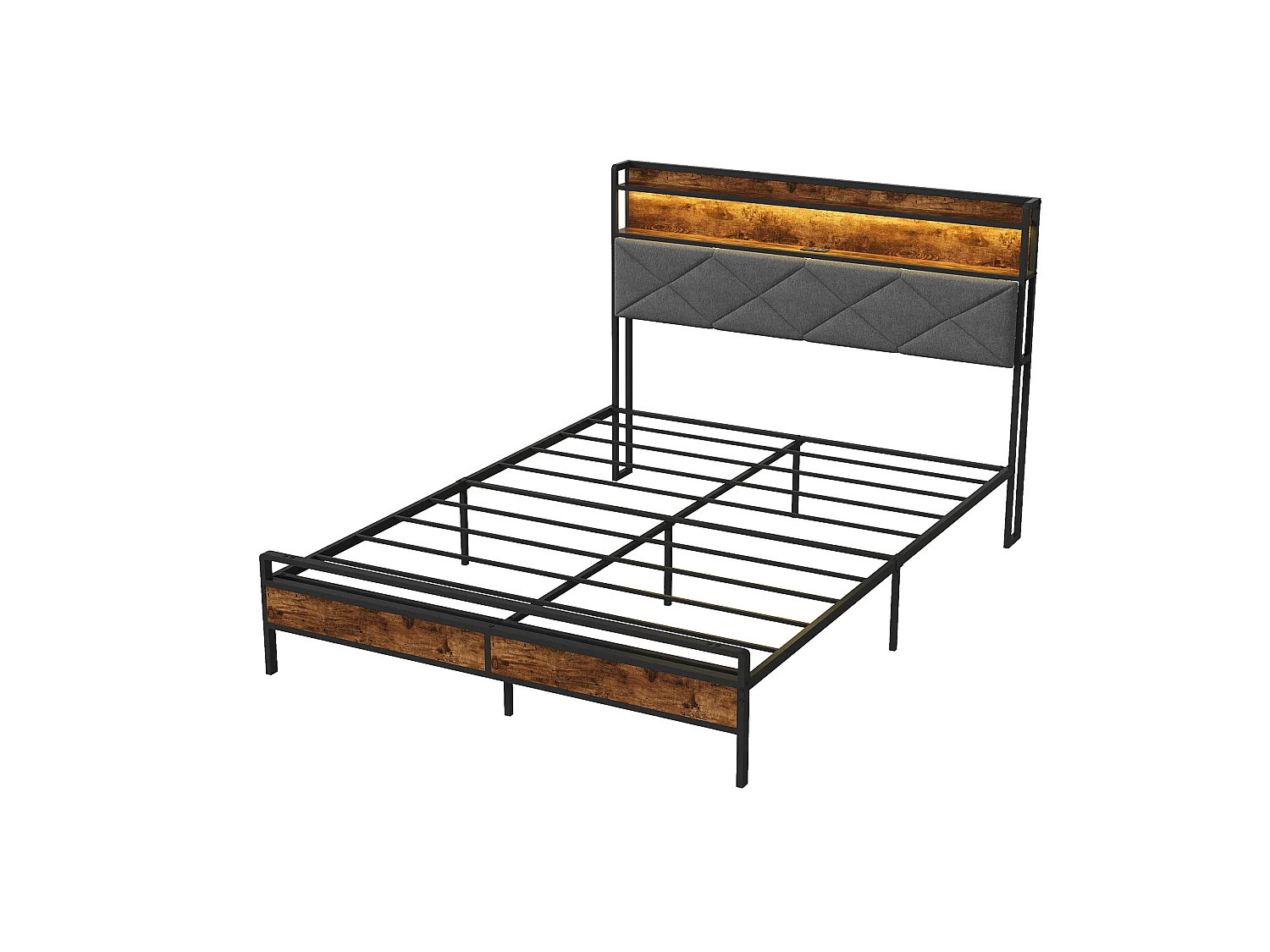 Lit 140x200cm avec éclairage LED et ports USB - tête de lit avec rangement - cadre de lit en métal - lin