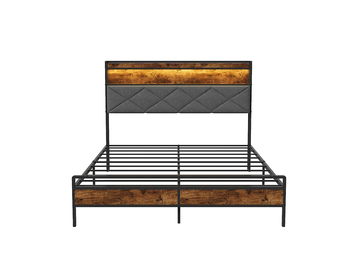 Lit 140x200cm avec éclairage LED et ports USB - tête de lit avec rangement - cadre de lit en métal - lin