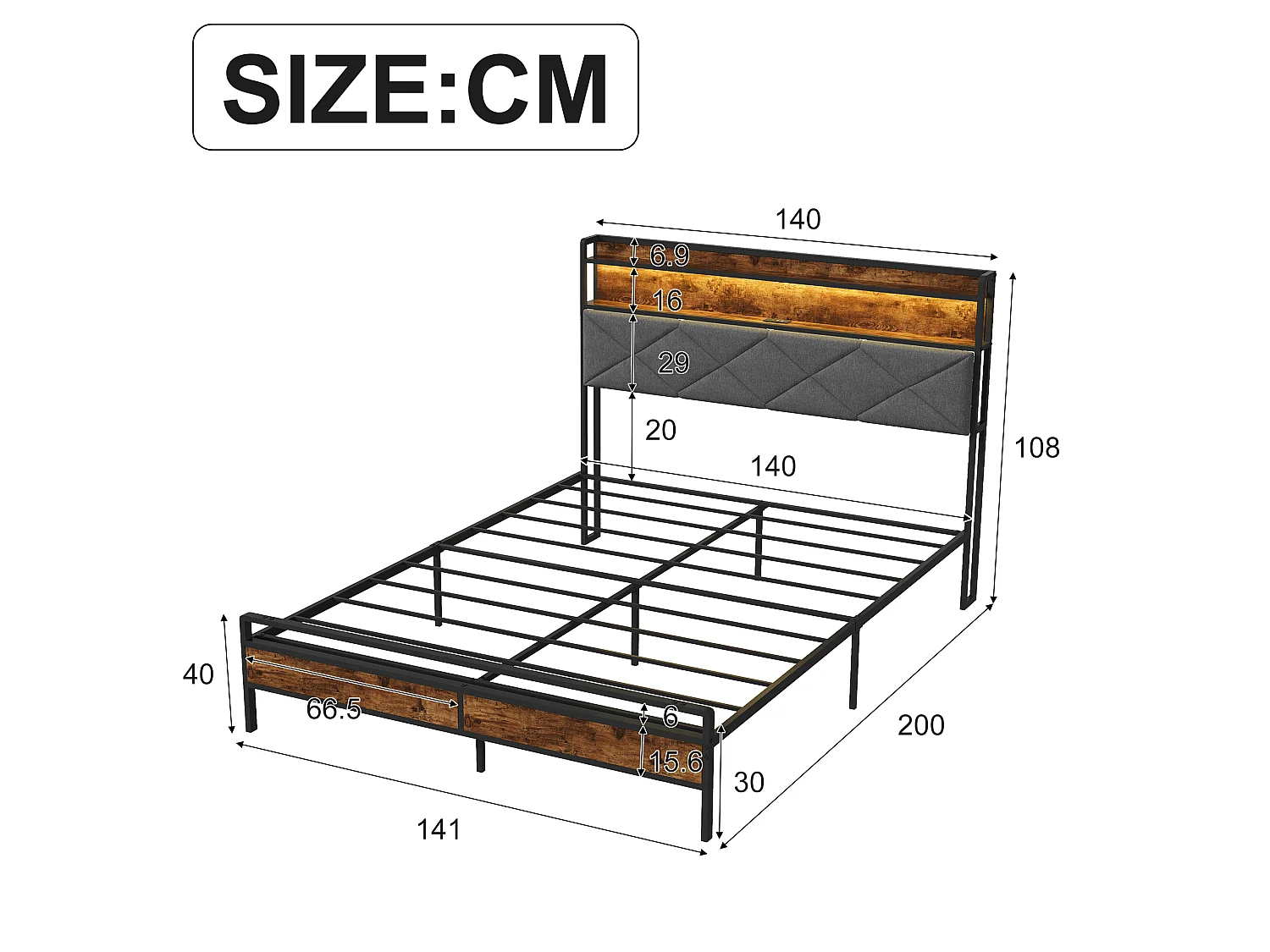 Lit 140x200cm avec éclairage LED et ports USB - tête de lit avec rangement - cadre de lit en métal - lin