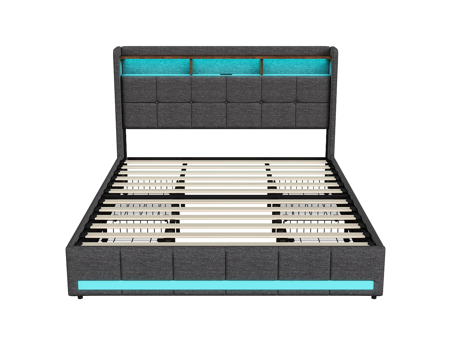 Lit double 180x200 - avec LED et USB - 4 Tiroirs Rangement et Tête de lit rembourrée - Lin - Gris