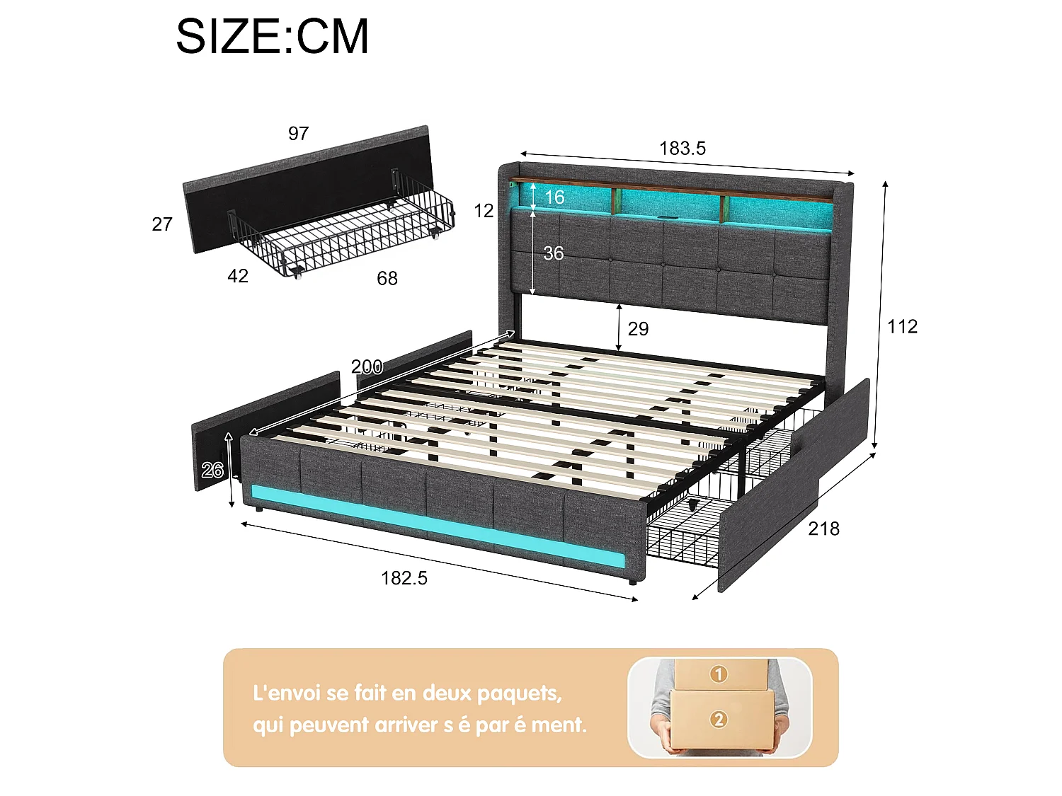 Lit double 180x200 - avec LED et USB - 4 Tiroirs Rangement et Tête de lit rembourrée - Lin - Gris