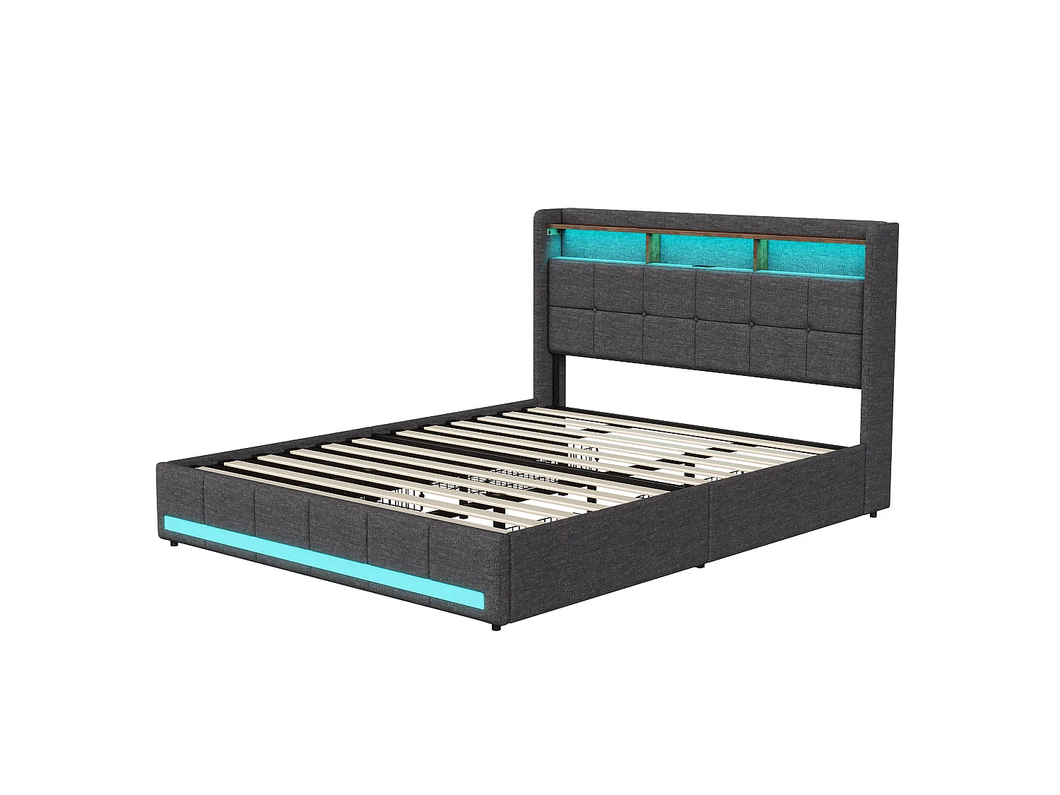 Lit double 180x200 - avec LED et USB - 4 Tiroirs Rangement et Tête de lit rembourrée - Lin - Gris