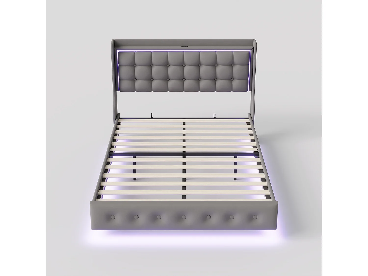 Lit double 140x200cm avec éclairage LED et ports USB - tête de lit avec étagère de rangement - velours - gris