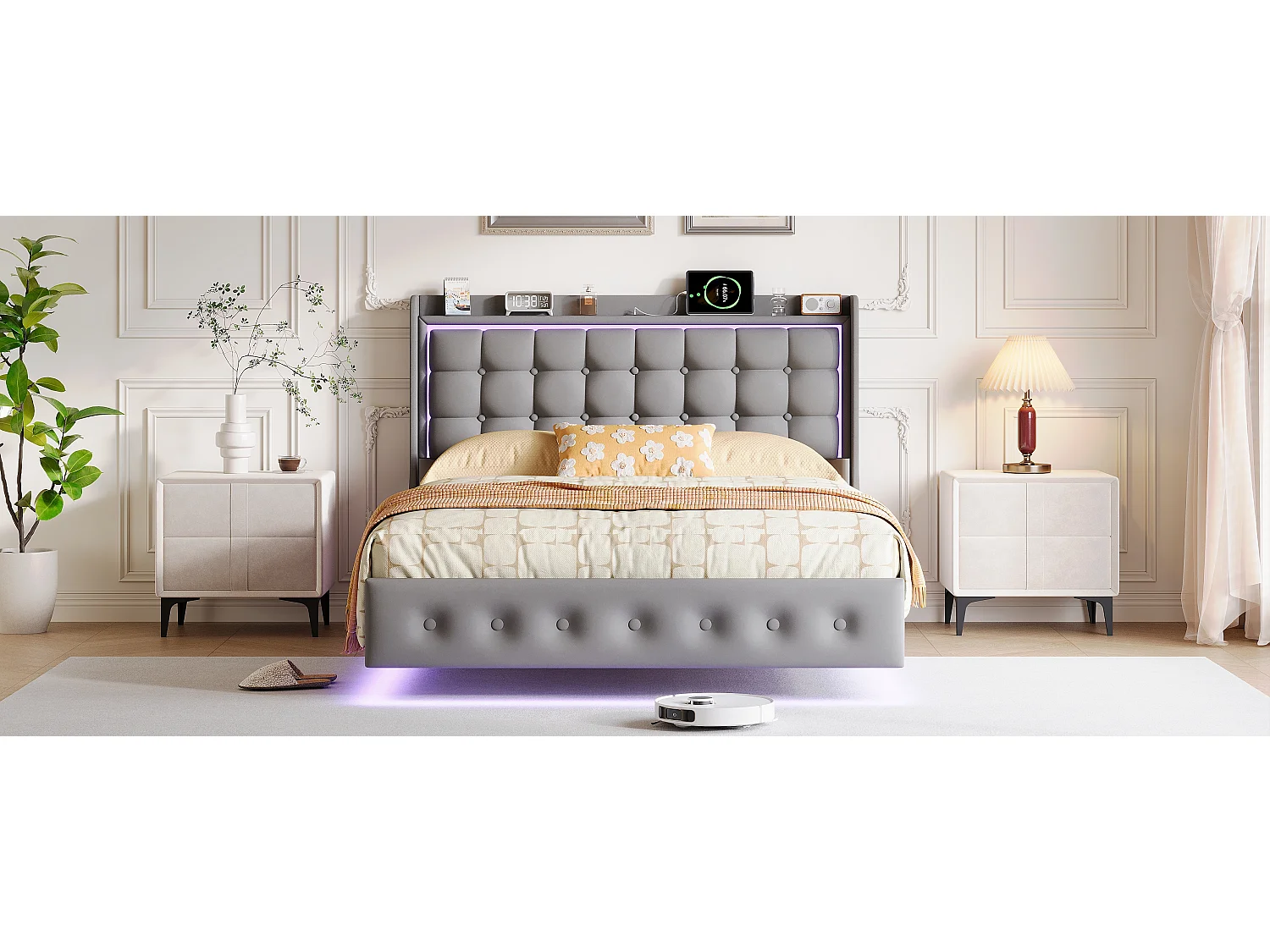 Lit double 140x200cm avec éclairage LED et ports USB - tête de lit avec étagère de rangement - velours - gris