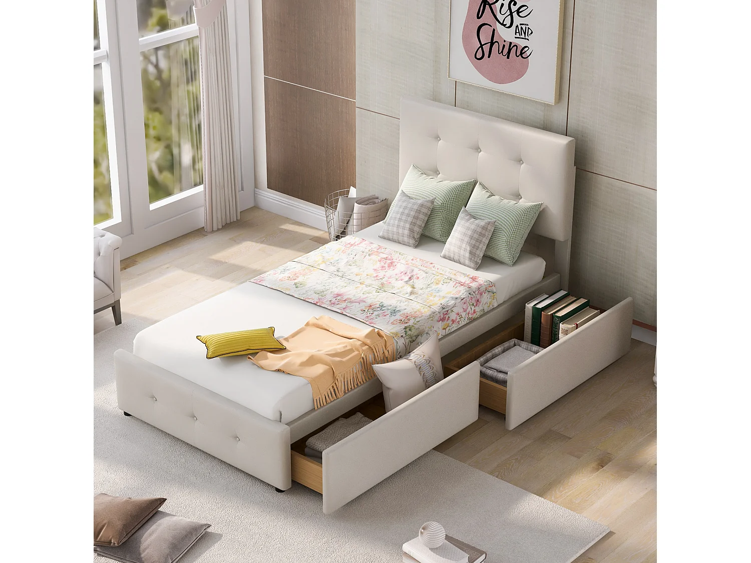 Lit simple 90x200cm avec 2 tiroirs - hauteur de tête de lit réglable - velours - beige