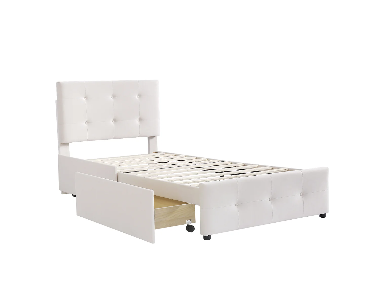 Lit simple 90x200cm avec 2 tiroirs - hauteur de tête de lit réglable - velours - beige