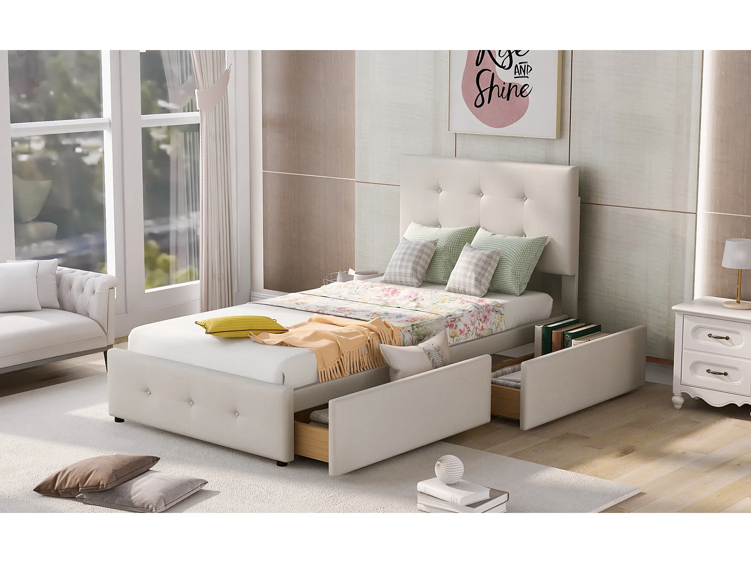 Lit simple 90x200cm avec 2 tiroirs - hauteur de tête de lit réglable - velours - beige