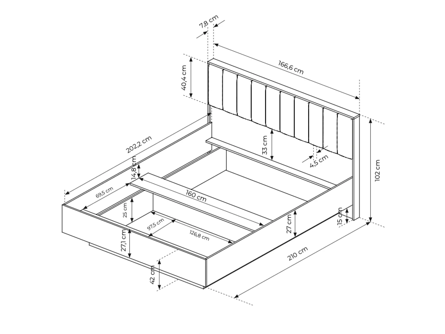 Cama, roble Dunin, 166,4 x 102 x 210 cm