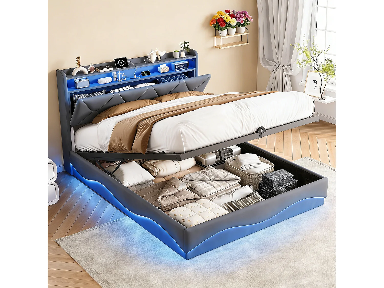 Lit coffre 160x200cm - Station recharge 2 USB Type-C et LED RGB - Tête de lit avec rangement - Cadre de Lit double adulte adolescent avec sommier - Gris velours