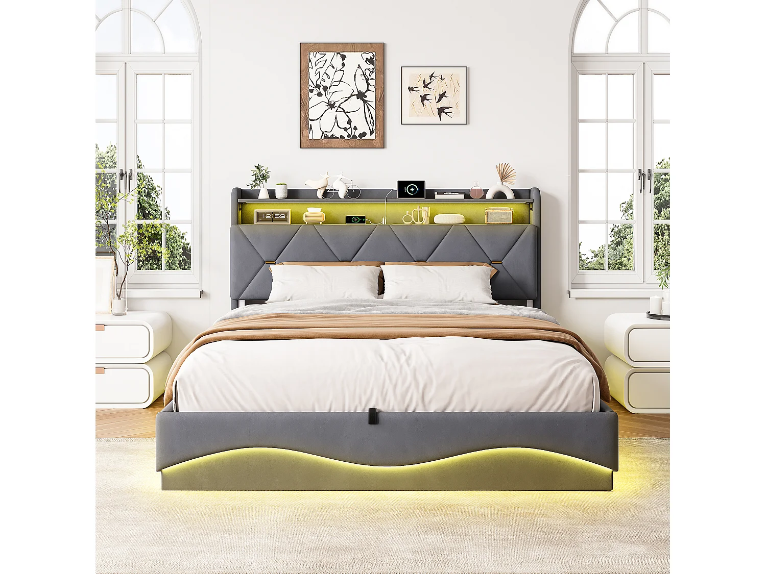 Lit coffre 160x200cm - Station recharge 2 USB Type-C et LED RGB - Tête de lit avec rangement - Cadre de Lit double adulte adolescent avec sommier - Gris velours