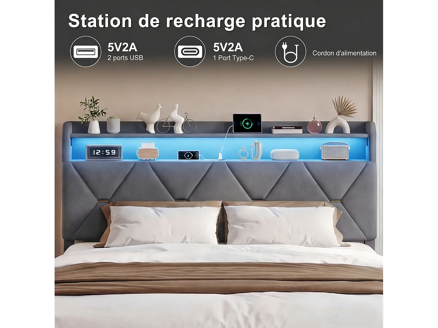 Lit coffre 160x200cm - Station recharge 2 USB Type-C et LED RGB - Tête de lit avec rangement - Cadre de Lit double adulte adolescent avec sommier - Gris velours