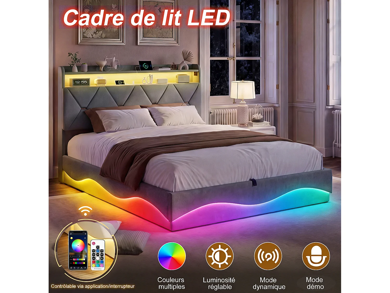 Lit coffre 160x200cm - Station recharge 2 USB Type-C et LED RGB - Tête de lit avec rangement - Cadre de Lit double adulte adolescent avec sommier - Gris velours