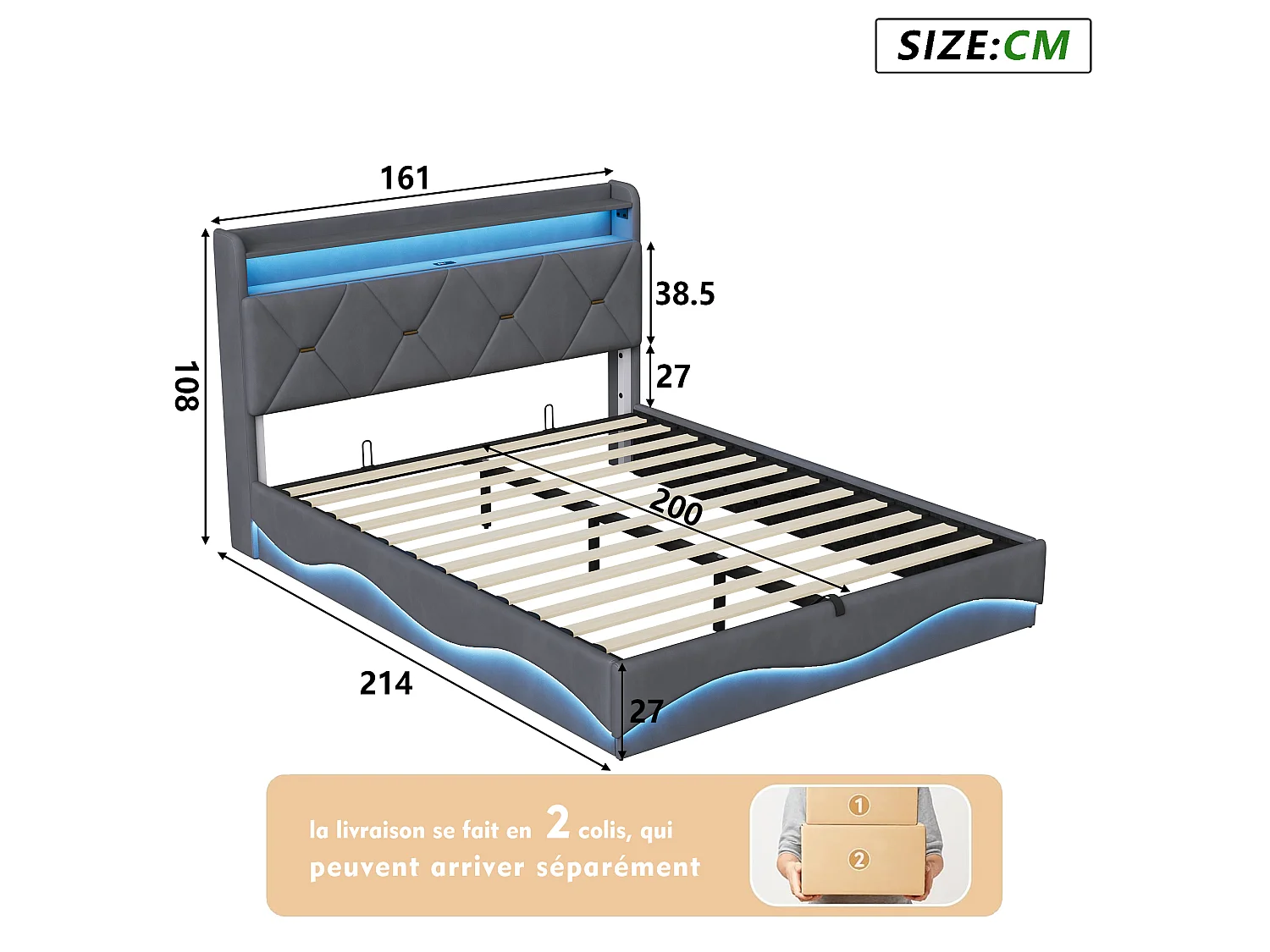 Lit coffre 160x200cm - Station recharge 2 USB Type-C et LED RGB - Tête de lit avec rangement - Cadre de Lit double adulte adolescent avec sommier - Gris velours