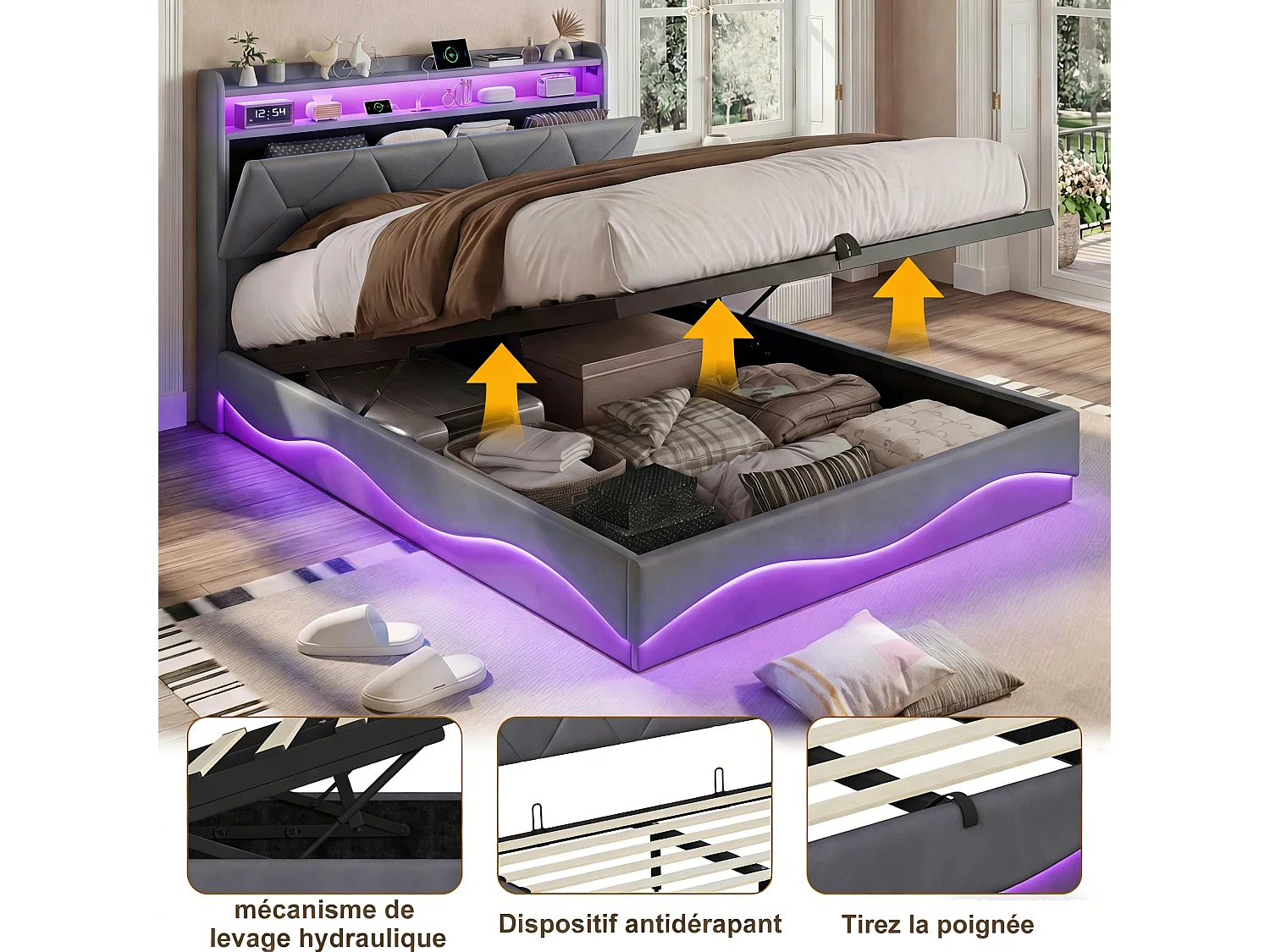 Lit coffre 160x200cm - Station recharge 2 USB Type-C et LED RGB - Tête de lit avec rangement - Cadre de Lit double adulte adolescent avec sommier - Gris velours