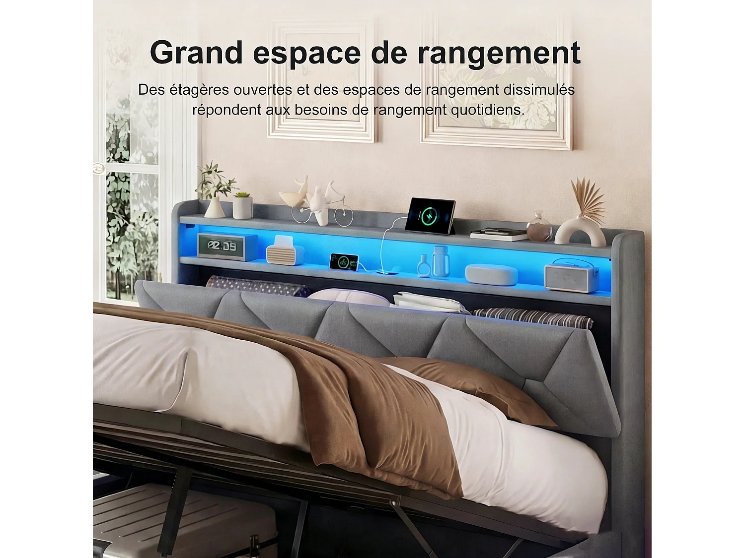 Lit coffre 160x200cm - Station recharge 2 USB Type-C et LED RGB - Tête de lit avec rangement - Cadre de Lit double adulte adolescent avec sommier - Gris velours