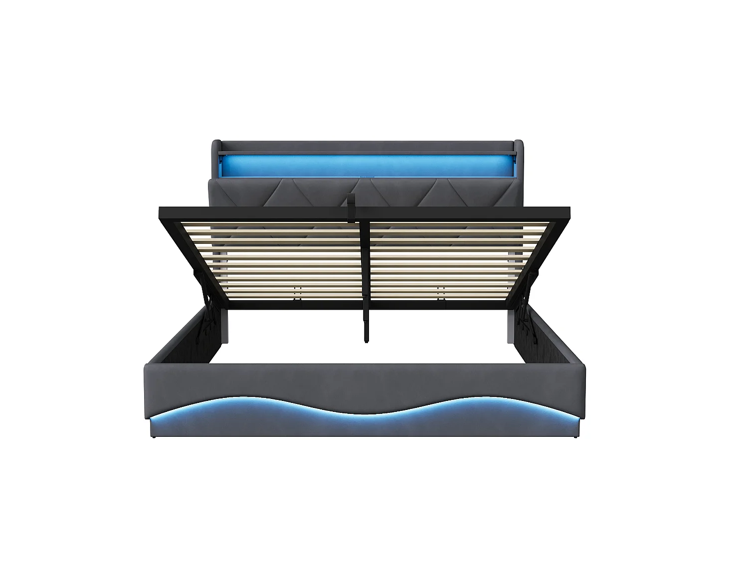 Lit coffre 160x200cm - Station recharge 2 USB Type-C et LED RGB - Tête de lit avec rangement - Cadre de Lit double adulte adolescent avec sommier - Gris velours