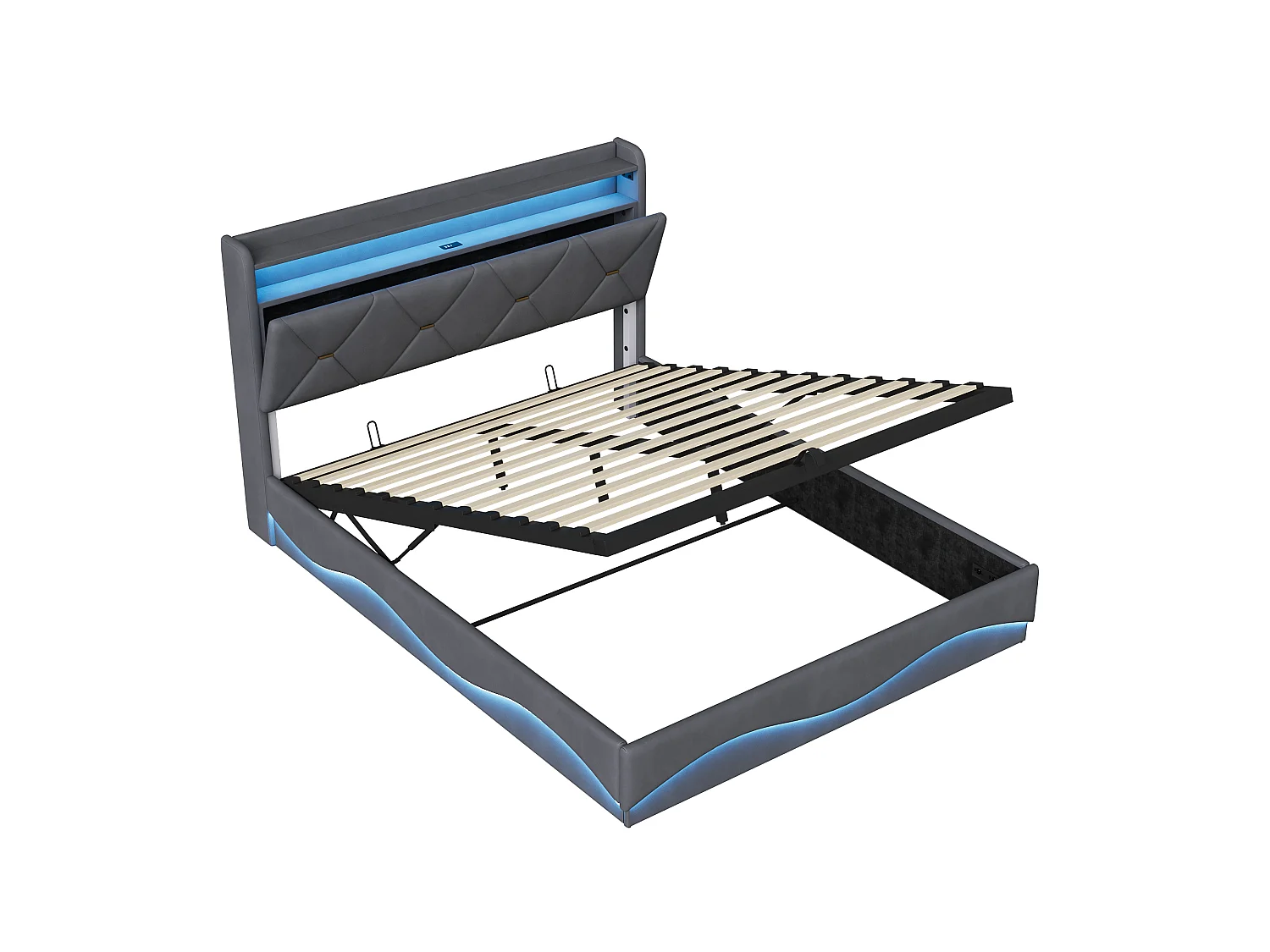 Lit coffre 160x200cm - Station recharge 2 USB Type-C et LED RGB - Tête de lit avec rangement - Cadre de Lit double adulte adolescent avec sommier - Gris velours