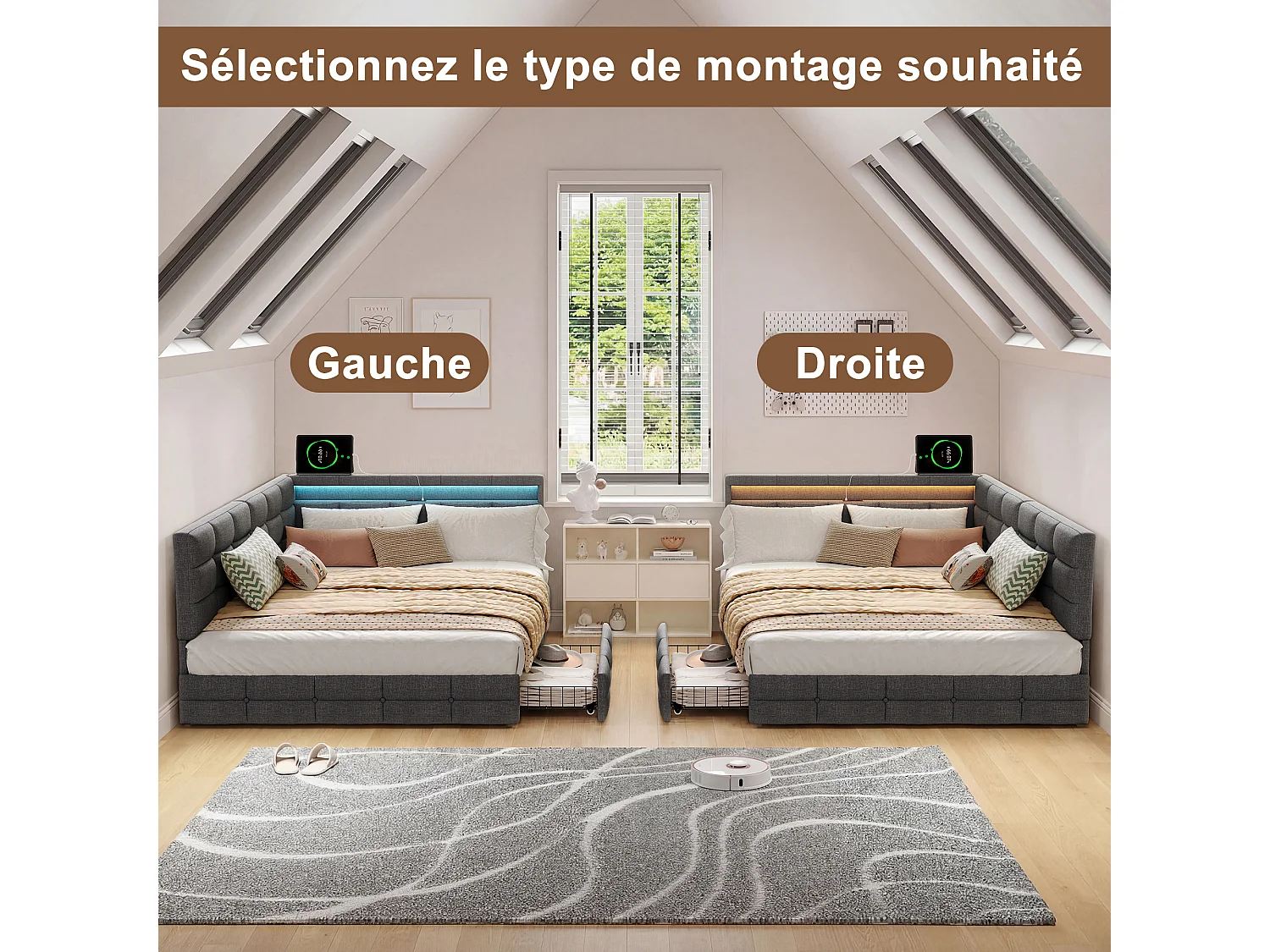 Lit double 140 x 190 cm avec éclairage LED et ports USB - 2 tiroirs - lin - gris