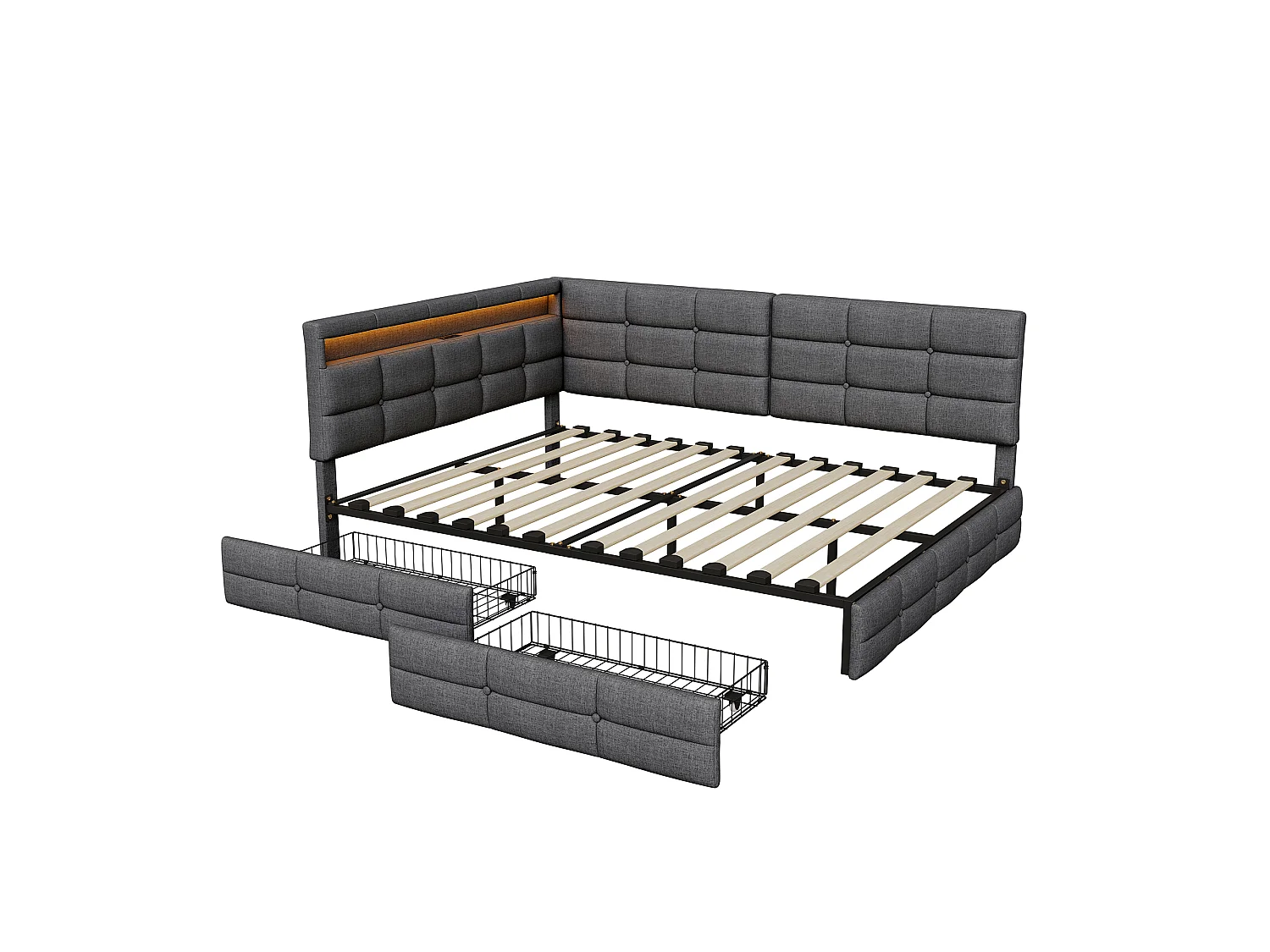 Lit double 140 x 190 cm avec éclairage LED et ports USB - 2 tiroirs - lin - gris