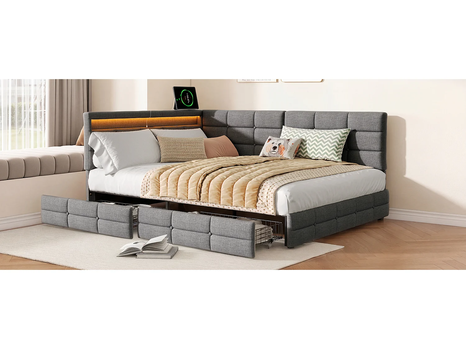 Lit double 140 x 190 cm avec éclairage LED et ports USB - 2 tiroirs - lin - gris