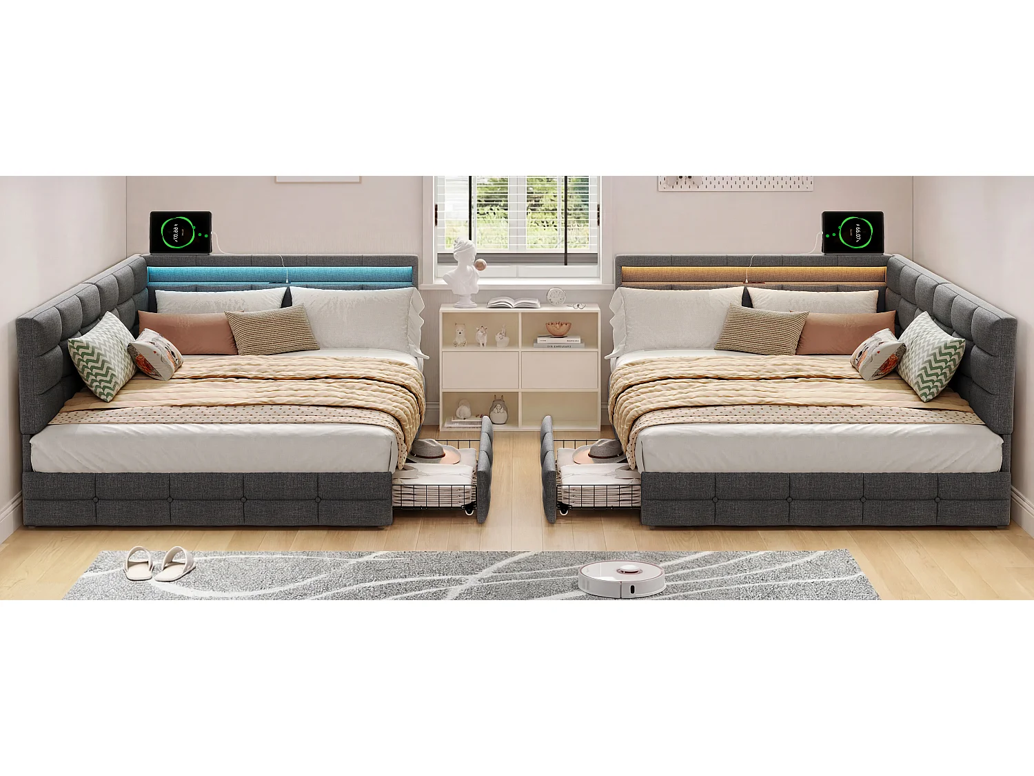 Lit double 140 x 190 cm avec éclairage LED et ports USB - 2 tiroirs - lin - gris