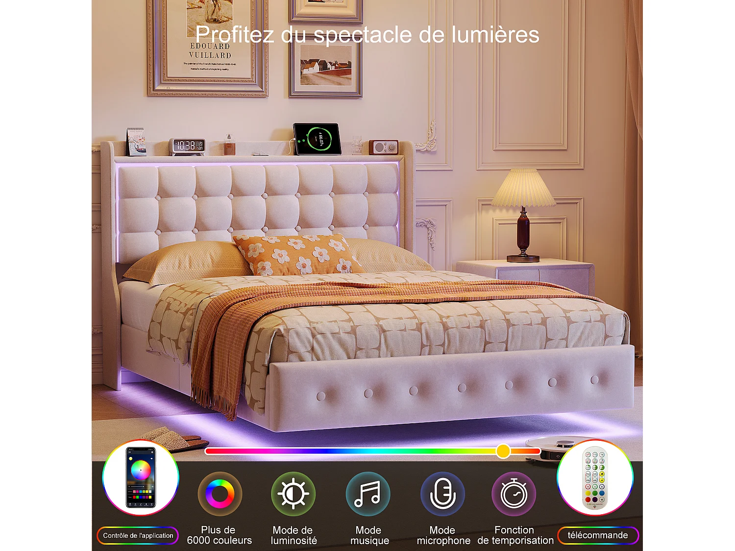 Lit double 160x200cm avec éclairage LED et ports USB - tête de lit avec étagère de rangement - velours - blanc