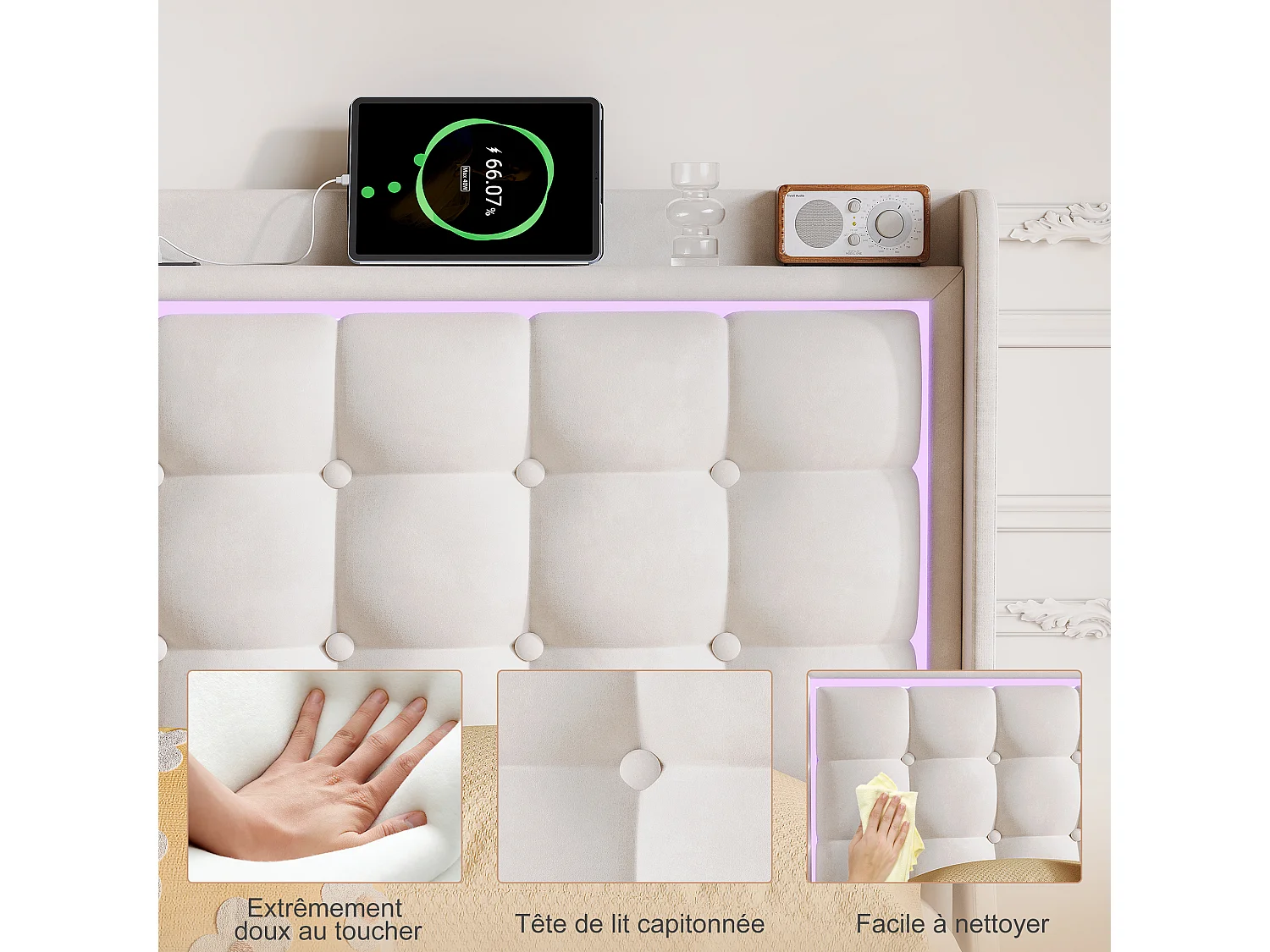 Lit double 160x200cm avec éclairage LED et ports USB - tête de lit avec étagère de rangement - velours - blanc