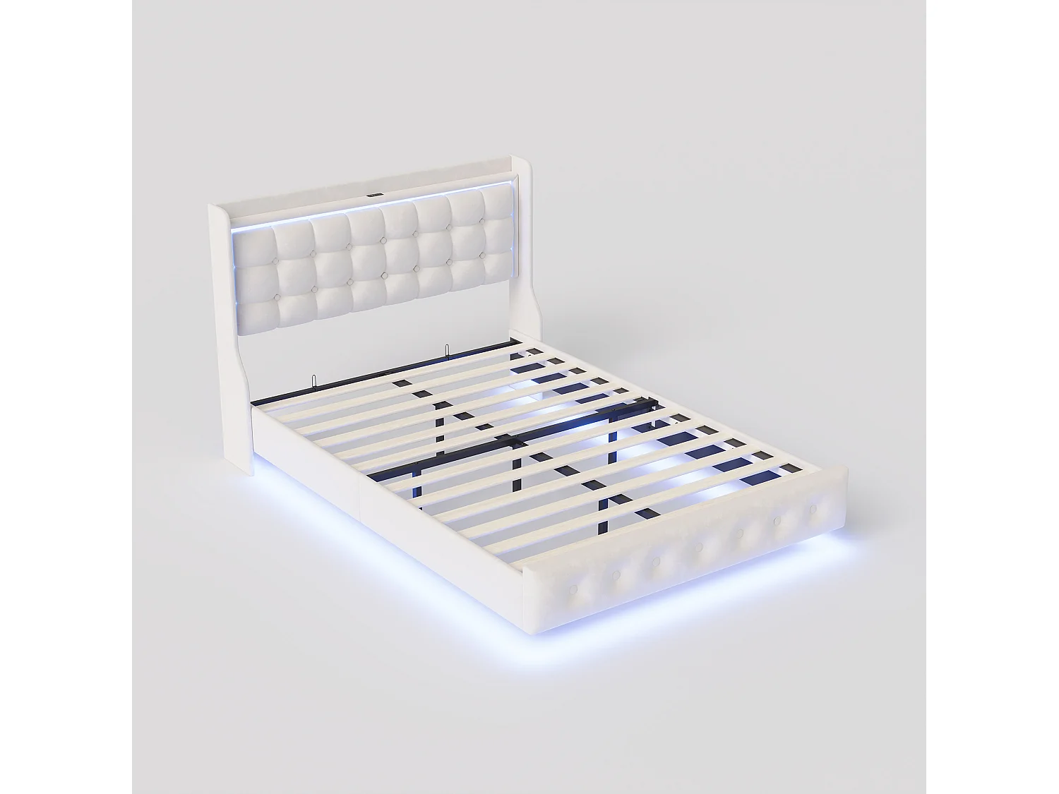 Lit double 160x200cm avec éclairage LED et ports USB - tête de lit avec étagère de rangement - velours - blanc