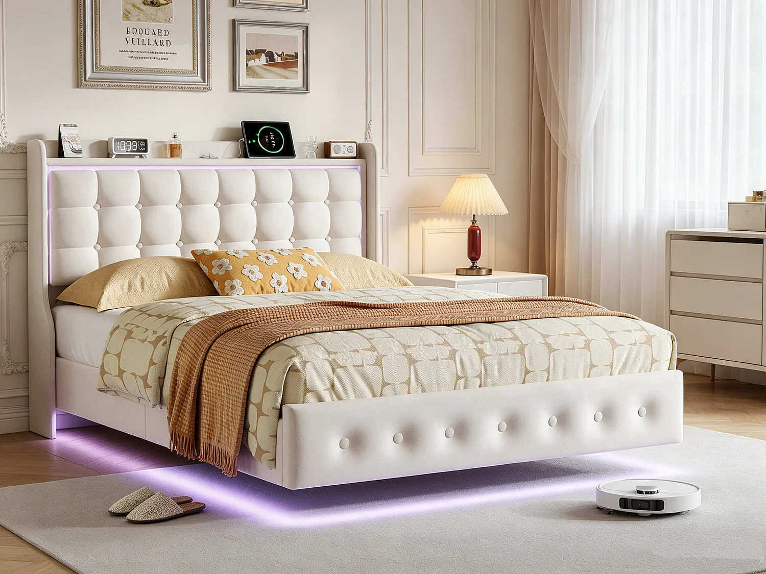Lit double 160x200cm avec éclairage LED et ports USB - tête de lit avec étagère de rangement - velours - blanc
