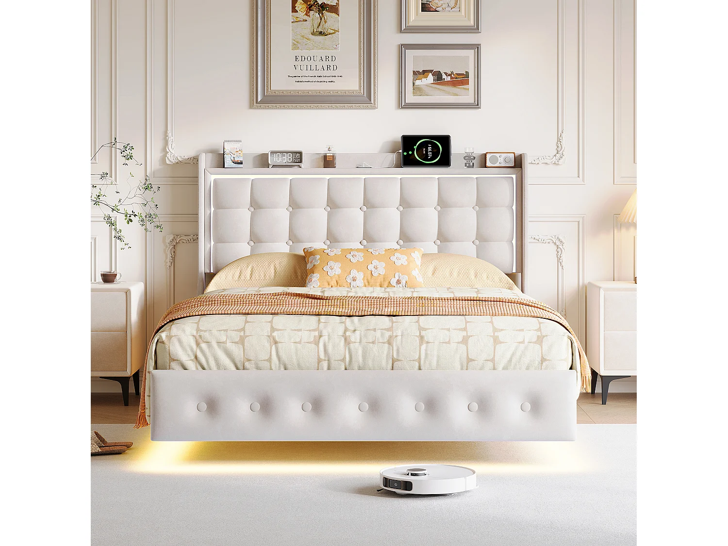 Lit double 140x200cm avec éclairage LED et ports USB - tête de lit avec étagère de rangement - velours - blanc