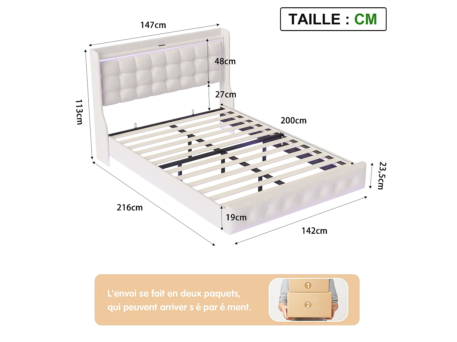 Lit double 140x200cm avec éclairage LED et ports USB - tête de lit avec étagère de rangement - velours - blanc