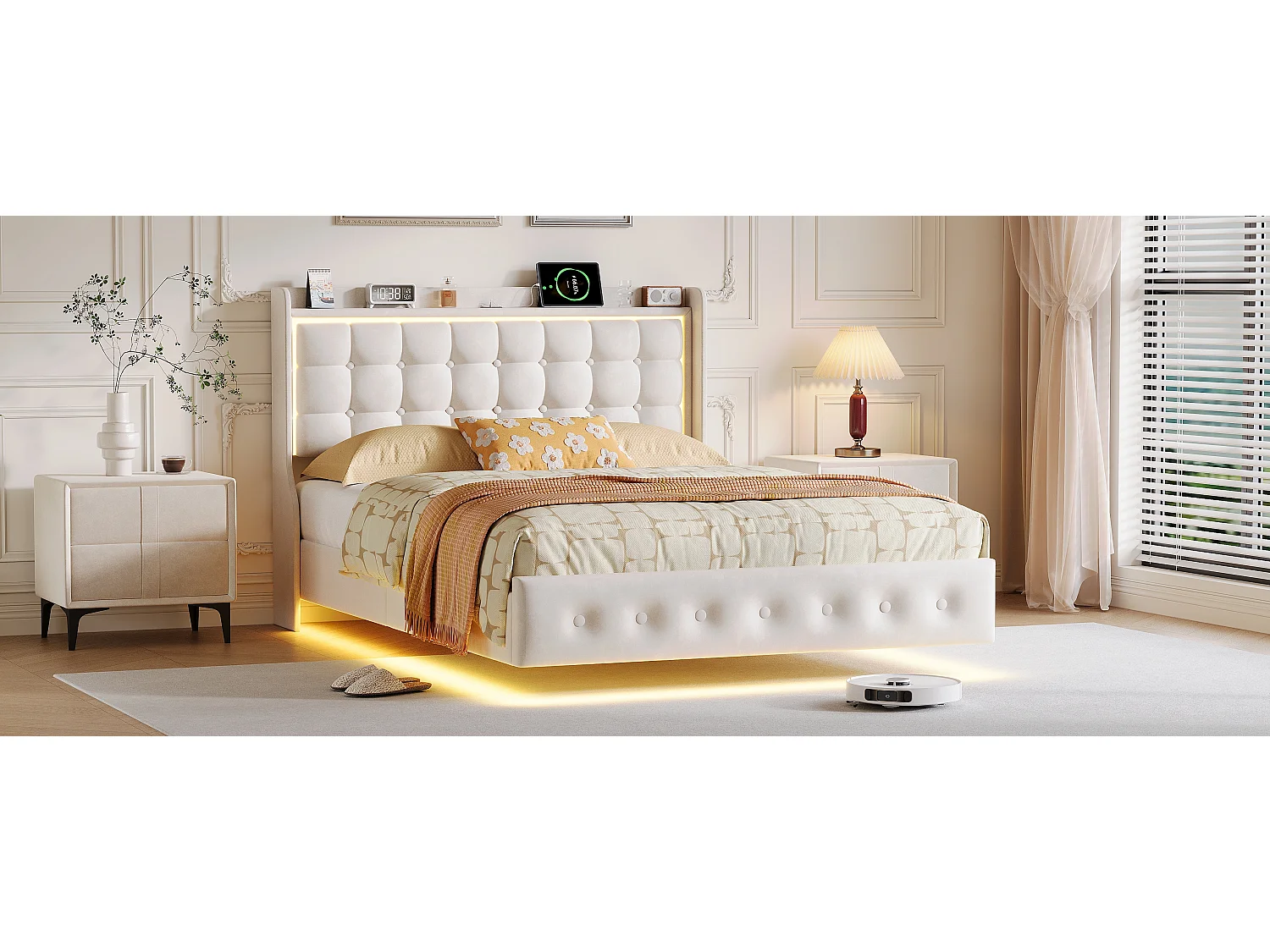 Lit double 140x200cm avec éclairage LED et ports USB - tête de lit avec étagère de rangement - velours - blanc
