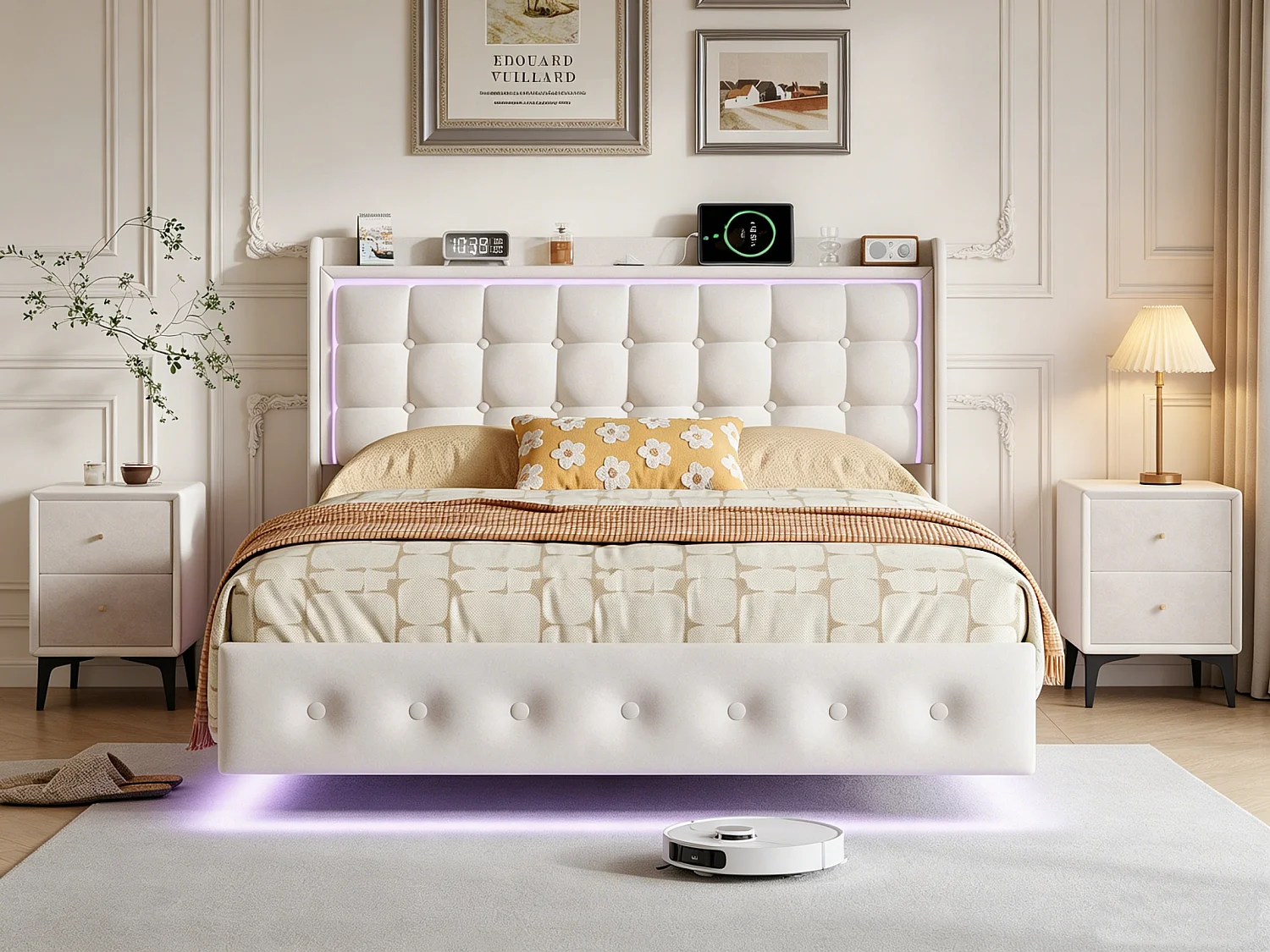 Lit double 140x200cm avec éclairage LED et ports USB - tête de lit avec étagère de rangement - velours - blanc