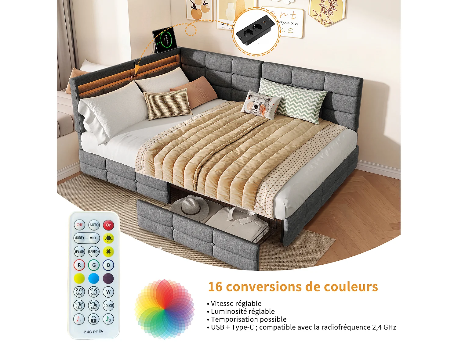 Lit double 140 x 200 cm avec éclairage LED et ports USB - 2 tiroirs - lin - gris