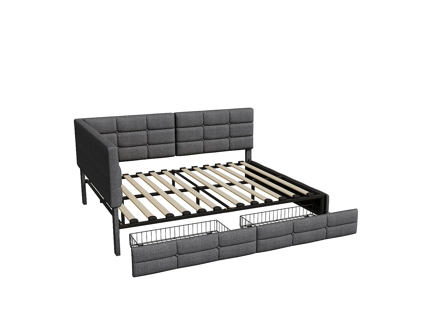 Lit double 140 x 200 cm avec éclairage LED et ports USB - 2 tiroirs - lin - gris