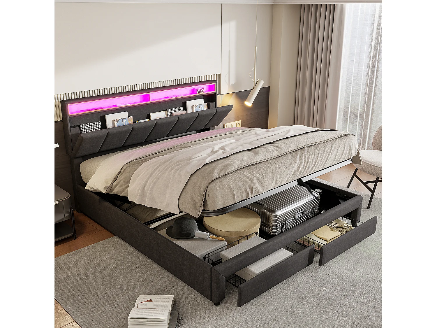 Lit double 180x200cm avec éclairage LED et 2 tiroirs - espace de rangement inclus - tête de lit réglable - lin - gris