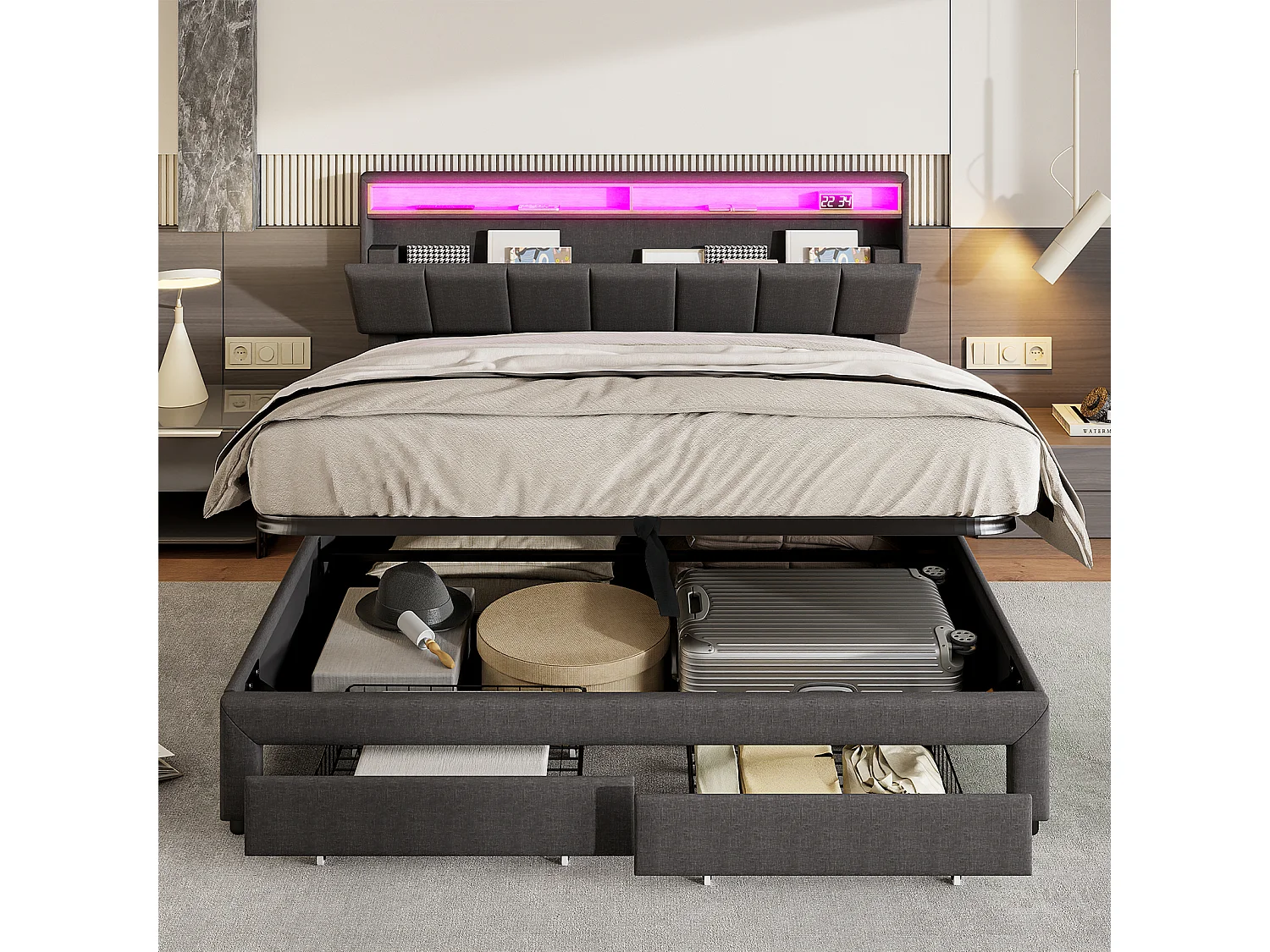 Lit double 180x200cm avec éclairage LED et 2 tiroirs - espace de rangement inclus - tête de lit réglable - lin - gris