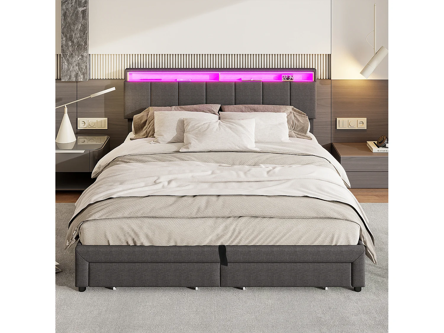 Lit double 180x200cm avec éclairage LED et 2 tiroirs - espace de rangement inclus - tête de lit réglable - lin - gris