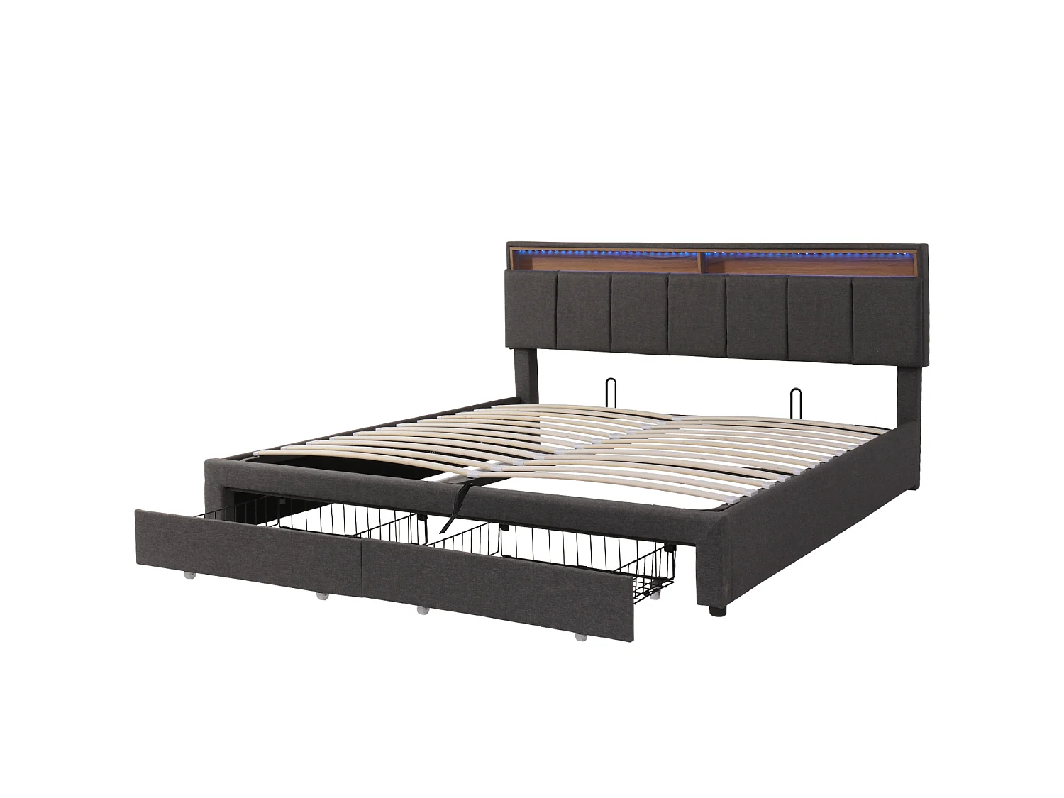 Lit double 180x200cm avec éclairage LED et 2 tiroirs - espace de rangement inclus - tête de lit réglable - lin - gris