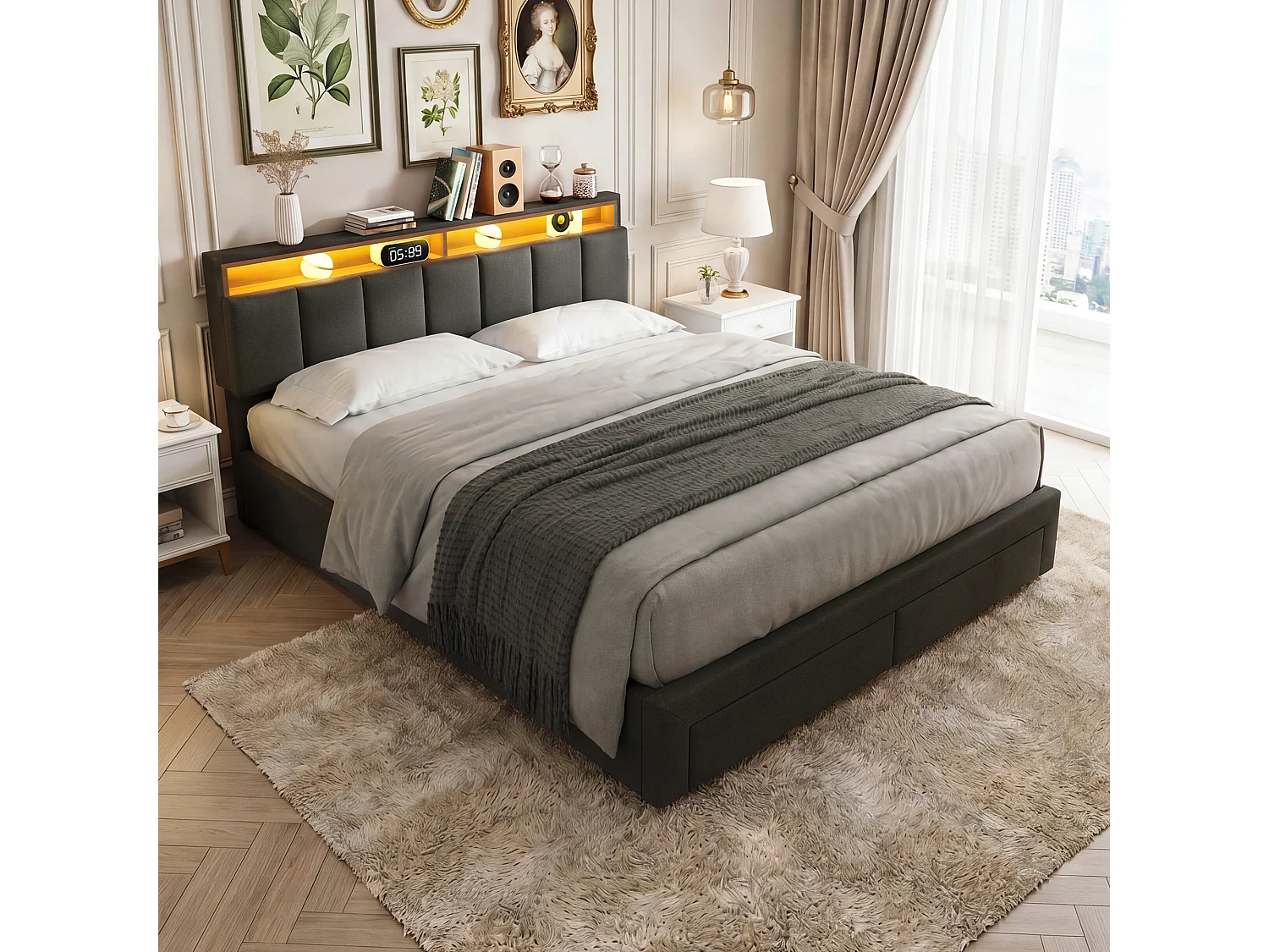 Lit double 180x200cm avec éclairage LED et 2 tiroirs - espace de rangement inclus - tête de lit réglable - lin - gris