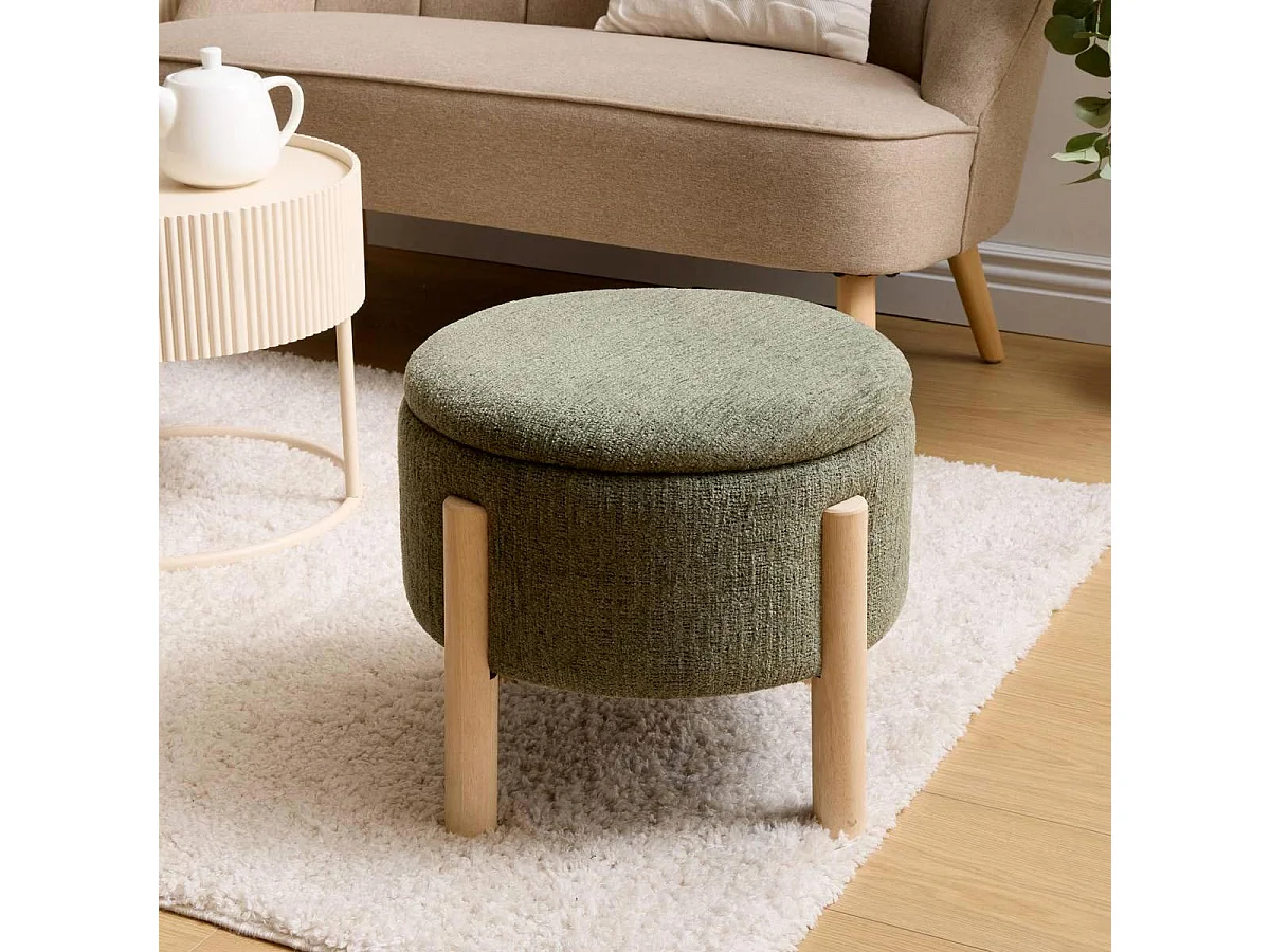 Pouf Coffre Chenille "Elki" 45cm Kaki