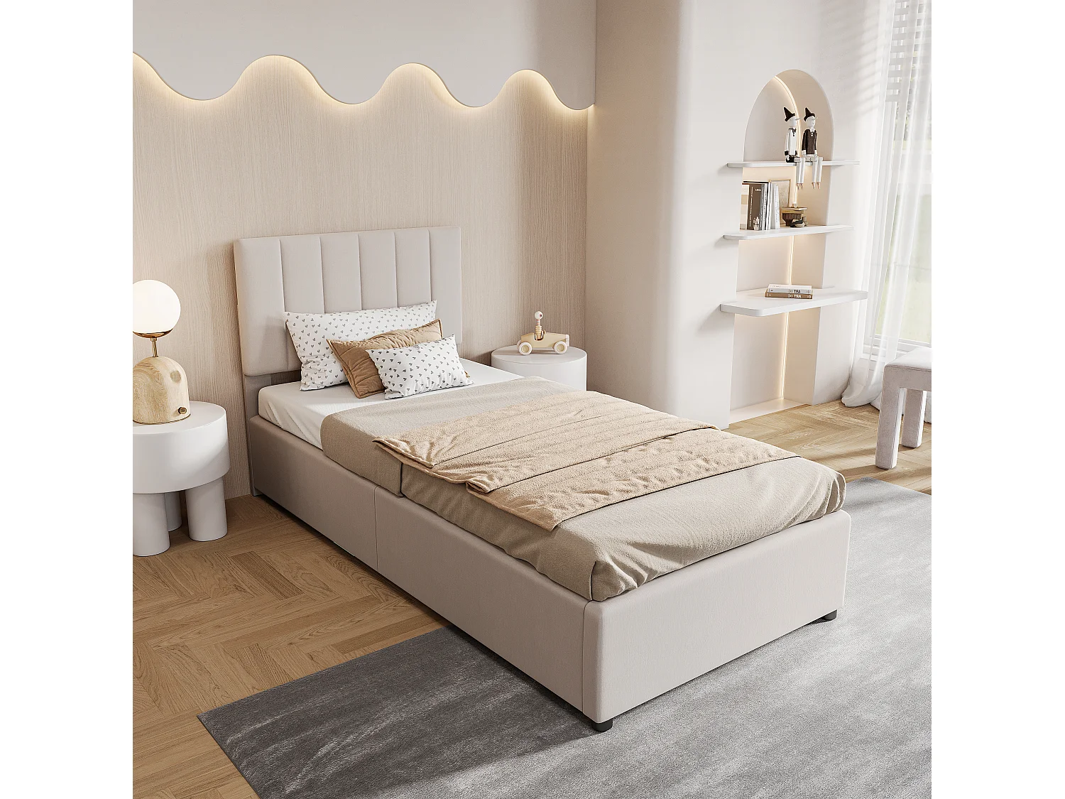 Lit simple 90x200cm - avec rangement hydraulique - tête de lit réglable en hauteur - lin - beige