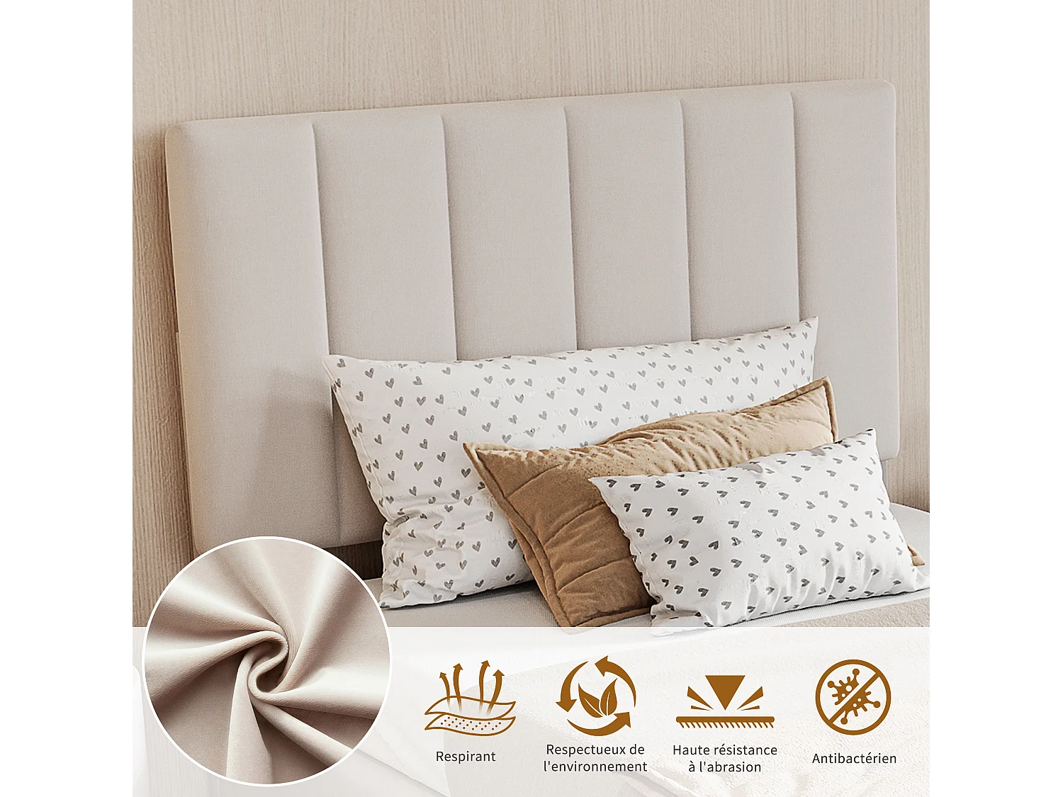 Lit simple 90x200cm - avec rangement hydraulique - tête de lit réglable en hauteur - lin - beige