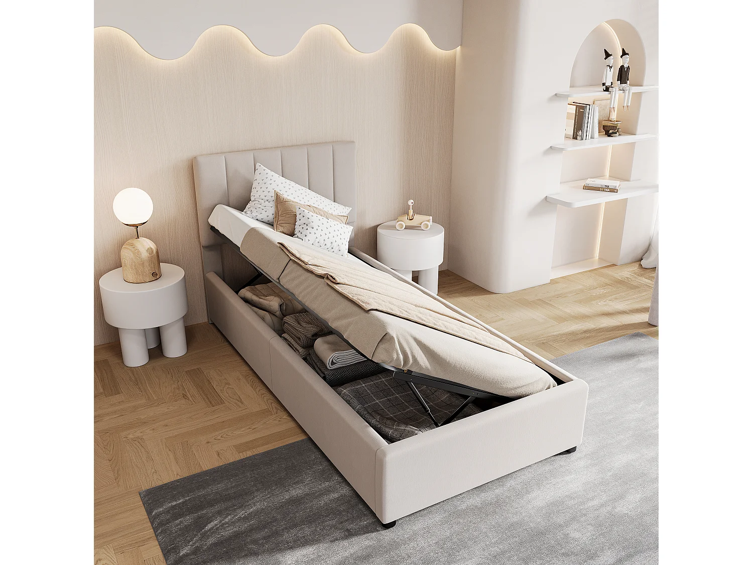 Lit simple 90x200cm - avec rangement hydraulique - tête de lit réglable en hauteur - lin - beige